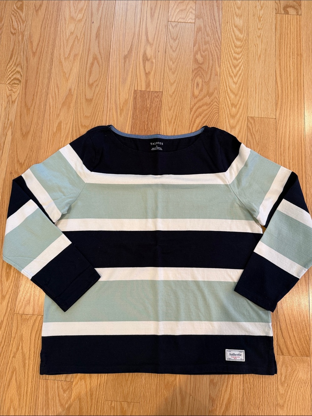 Talbots Navy, Seafoam & White Striped Long Sleeve Boatneck Top